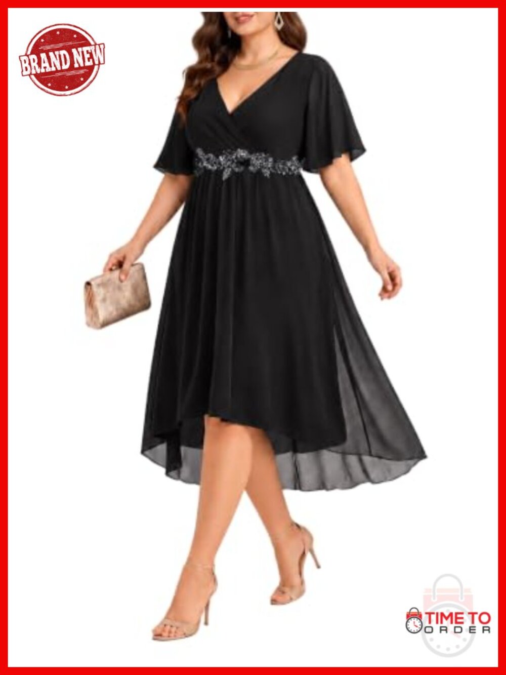 Plus Size Wedding Guest Dress Formal V Neck High Low Chiffon Dress